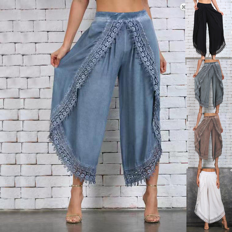Women's Lace Trim Design Layered Denim Pants