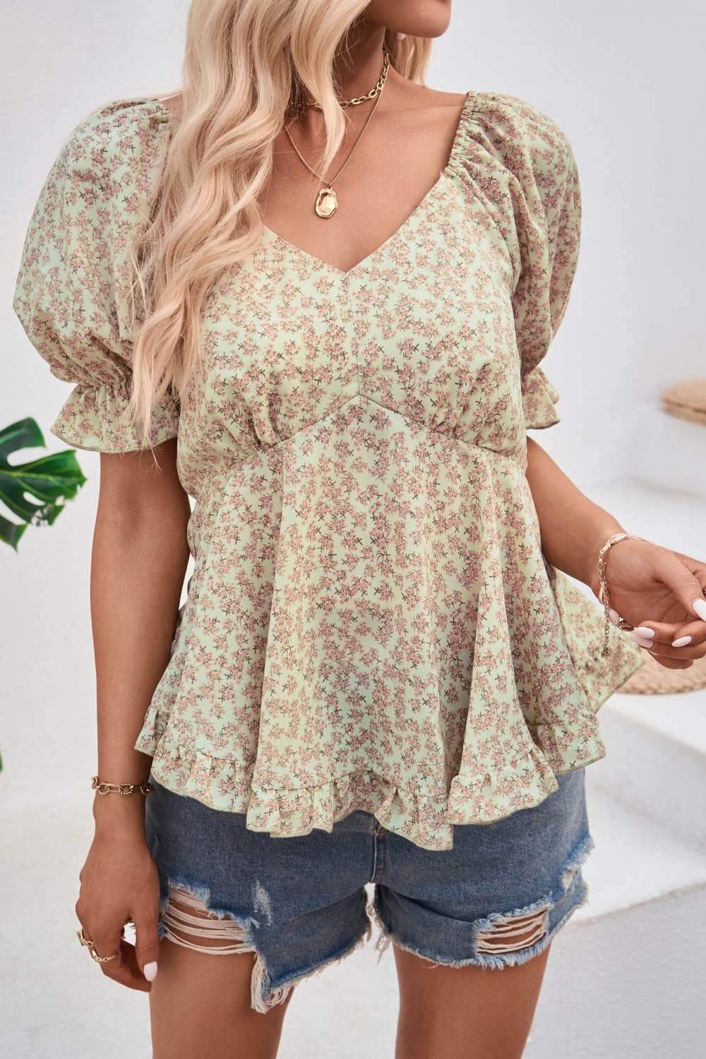 Women's V-Neck Flounce Sleeve Blouse
