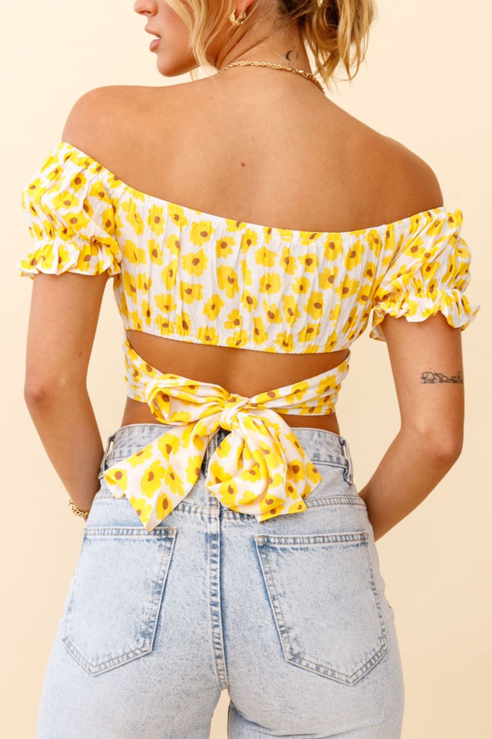 Women's Flower Print Ruffle Trim Off-Shoulder Back Tie Blouse