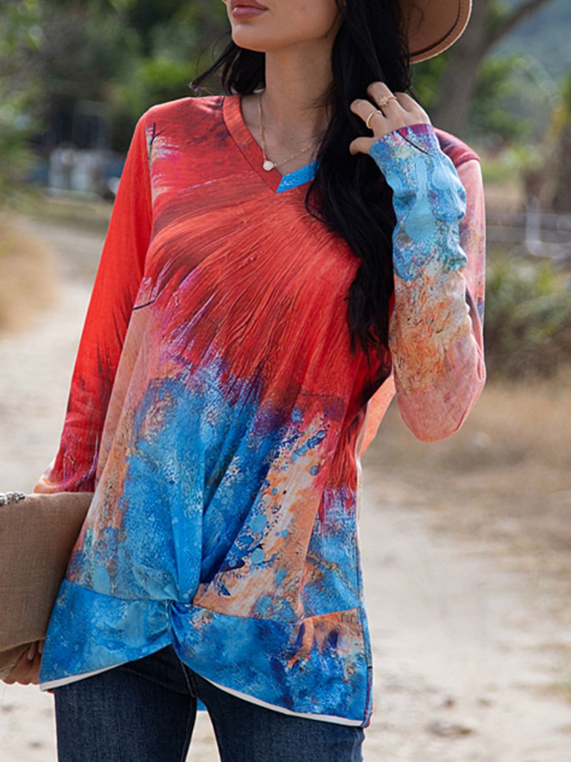 Women's Twisted Multicolor V-Neck Long Sleeve Tee