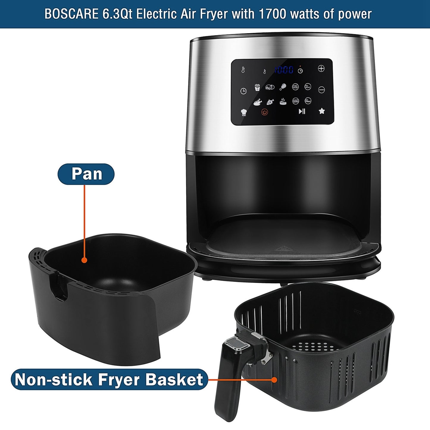 6.3QT 1700W Stainless Steel Air Fryer Oven For Roasting Multi-function Screen