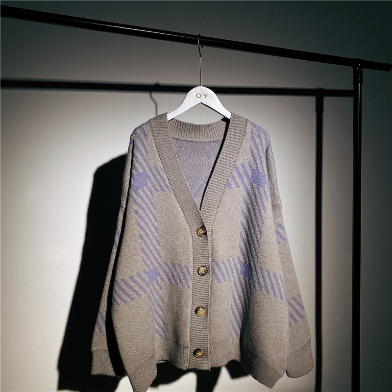 Women's Warm Retro Plaid Sweater Cardigan