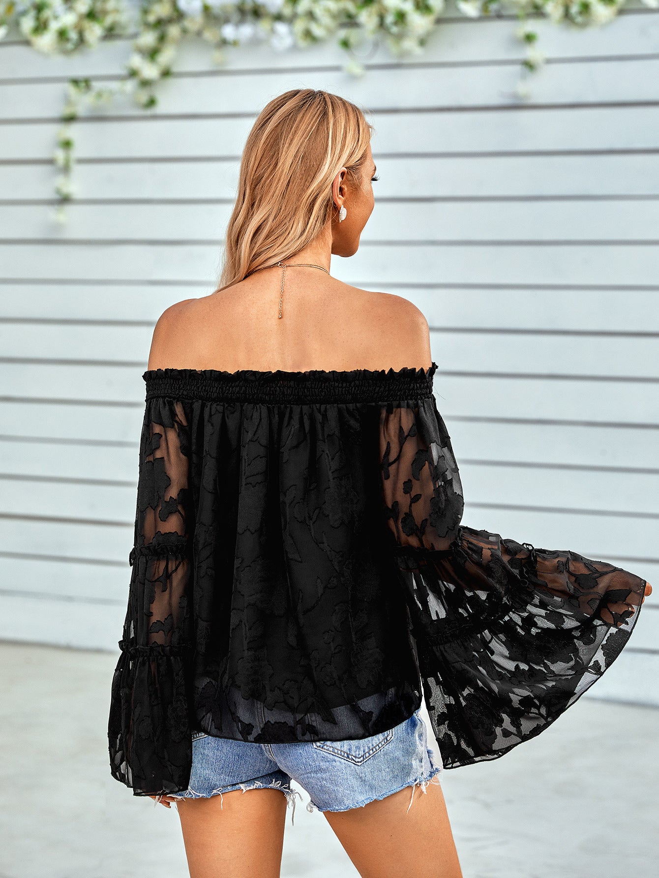 Women's Applique Flounce Sleeve Off-Shoulder Blouse