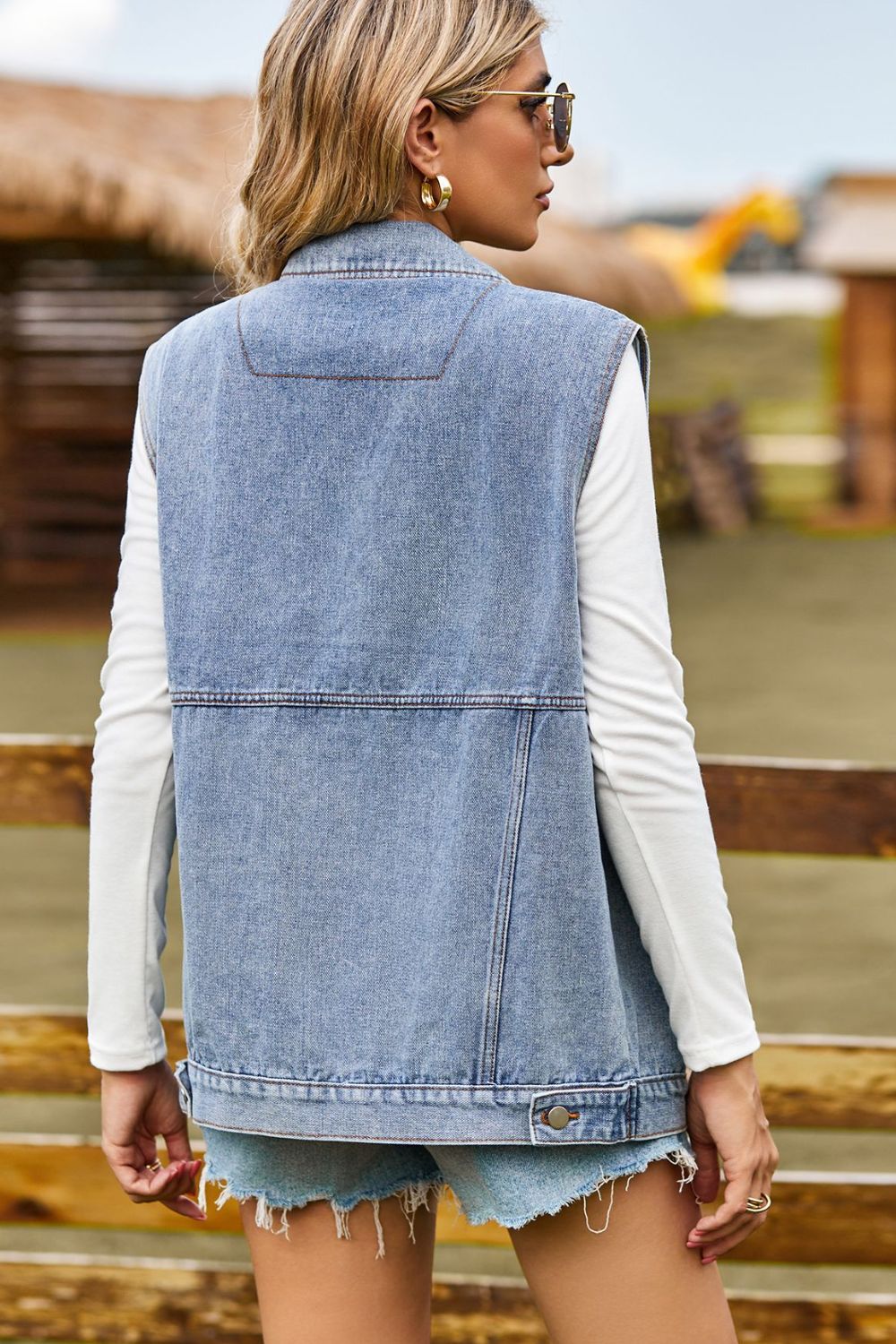 Women's Sleeveless Collared Neck Denim Vest with Pockets
