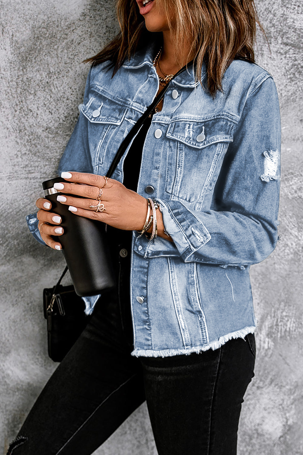 Women's Distressed Raw Hem Denim Jean Jacket