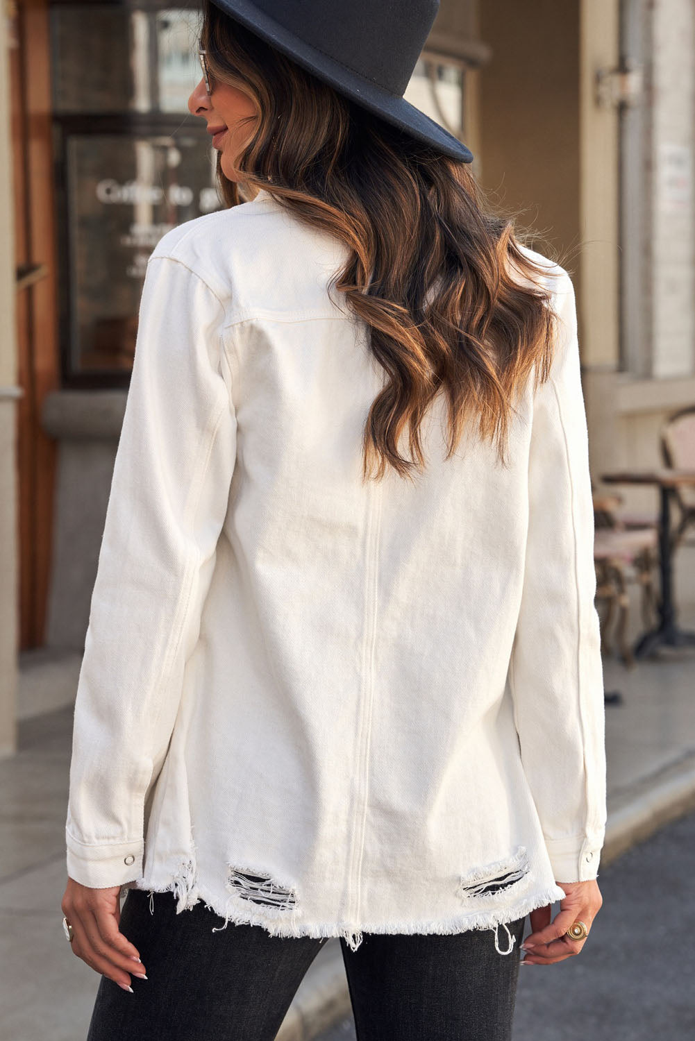 Women's Distressed Snap Down Denim Jacket