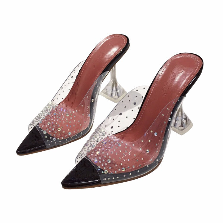 Women's High Heel Slip Rhinestone Clear Sole Shoes