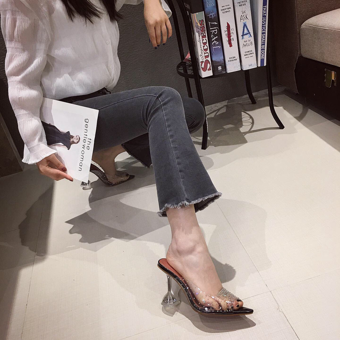 Women's High Heel Slip Rhinestone Clear Sole Shoes