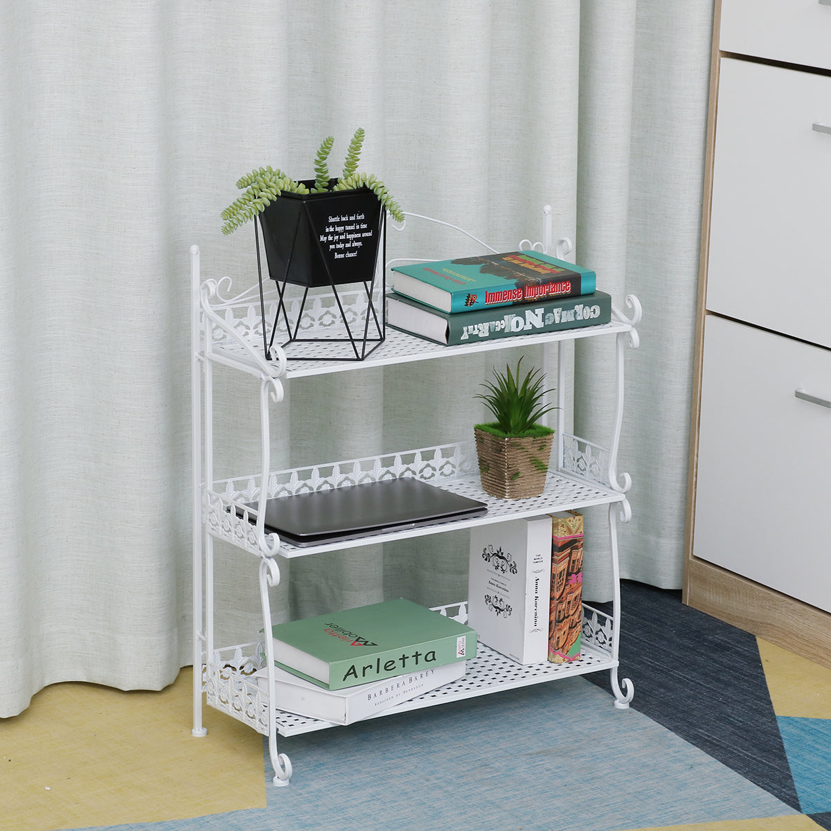 Three Tiers Folding Iron Kitchen Organizer Large Capacity Bathroom Bedroom Rack Book Shelf for Home Office