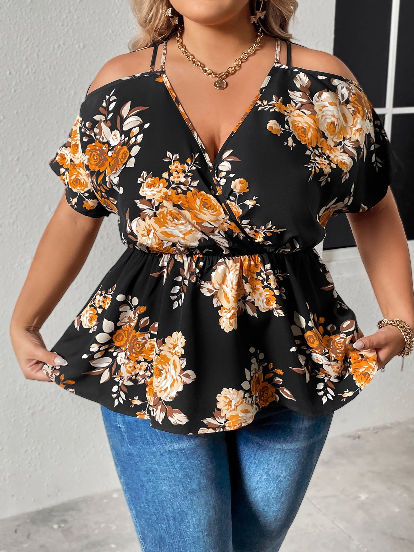 Women's Plus Size Floral Print Cold Shoulder Surplice Neck Blouse