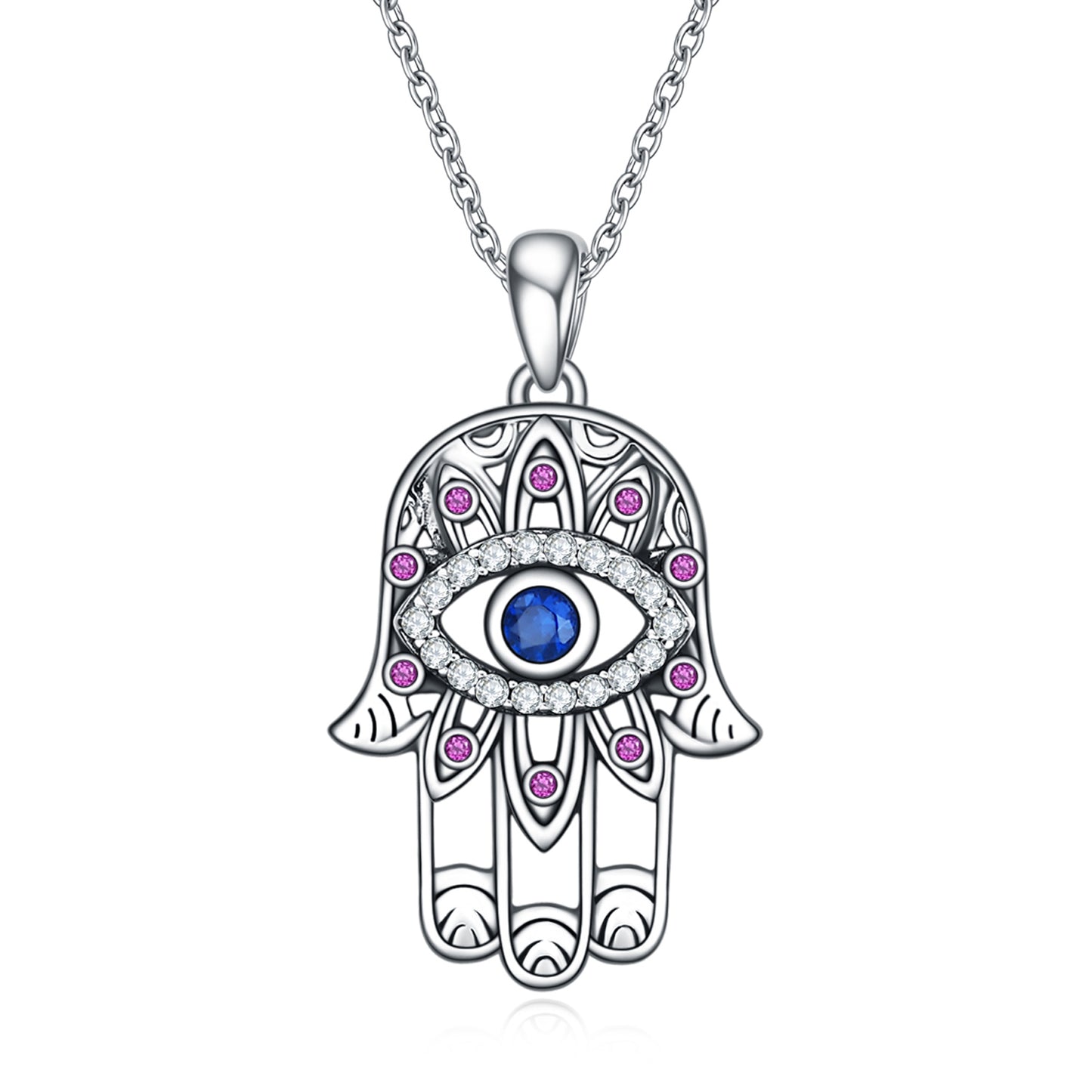 Women Girl's Sterling Silver Hamsa Hand Necklace Good Luck Vintage Fatima Hand Pendant Charm Evil Eye Necklace