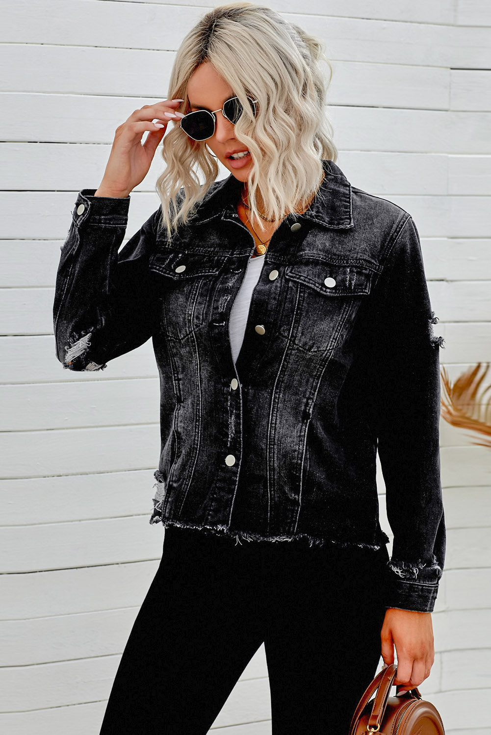 Women's Distressed Raw Hem Denim Jean Jacket