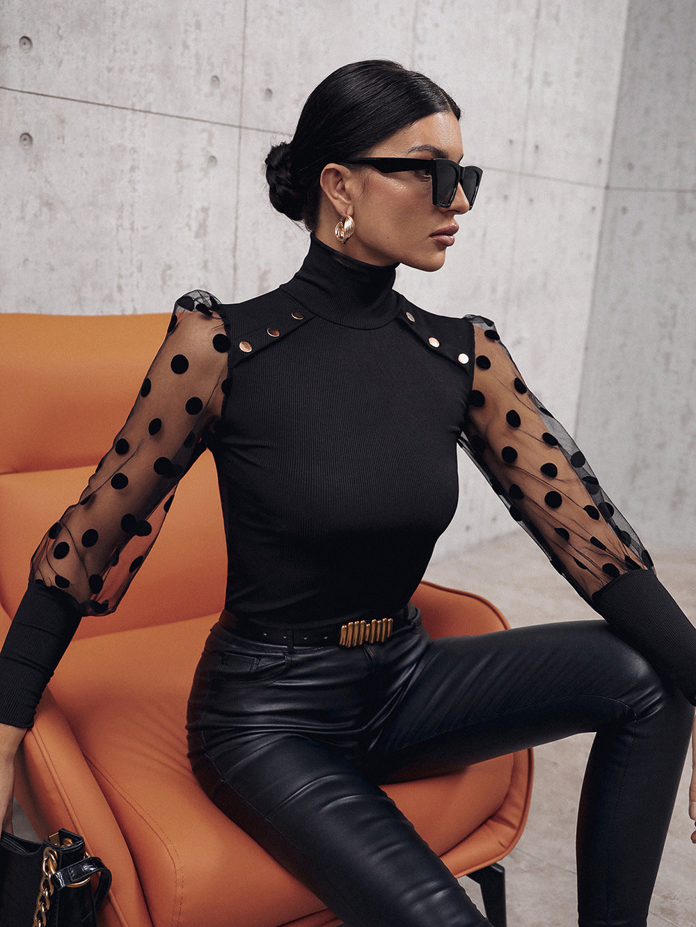 Women's Buttoned Lantern Sleeve Turtle Neck Blouse