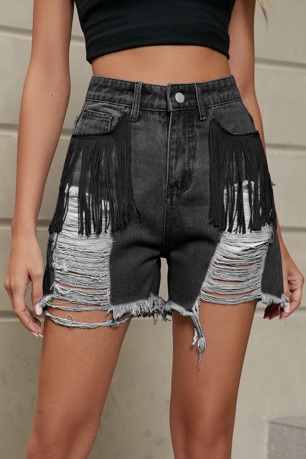 Women's Fringe Trim Distressed Denim Shorts with Pockets