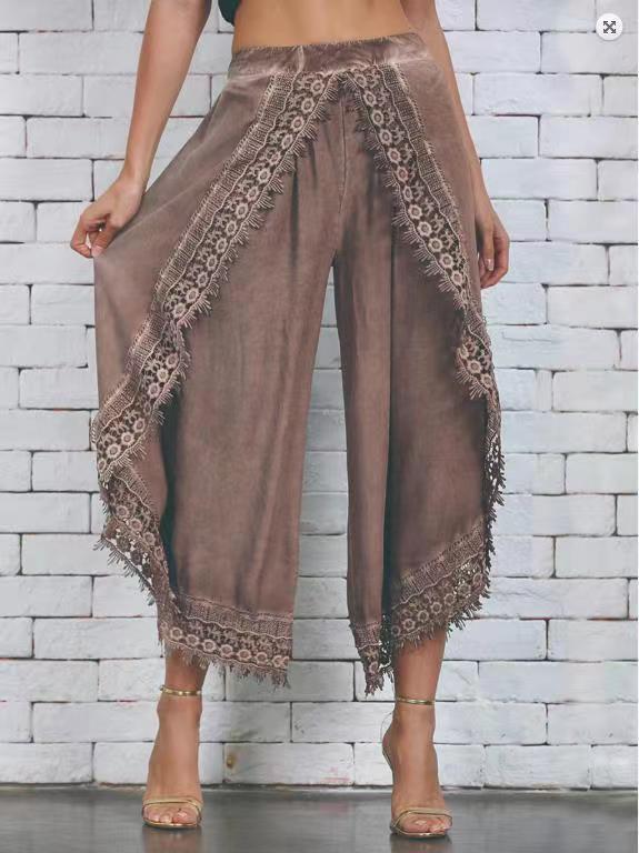 Women's Lace Trim Design Layered Denim Pants