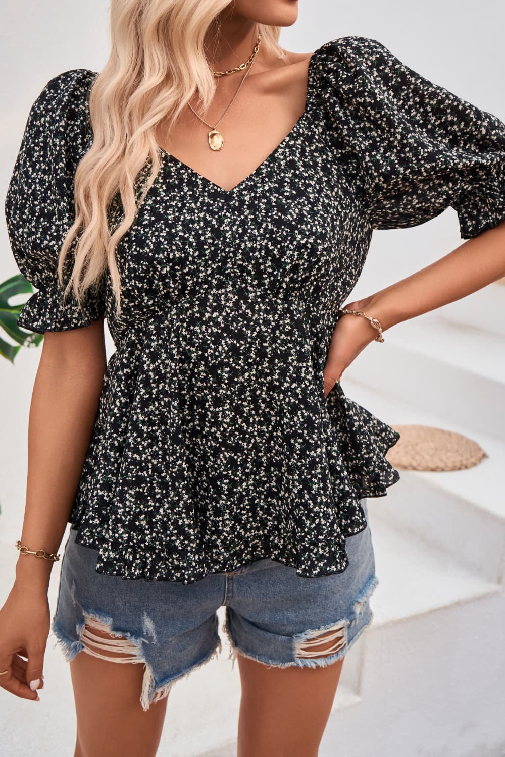 Women's V-Neck Flounce Sleeve Blouse