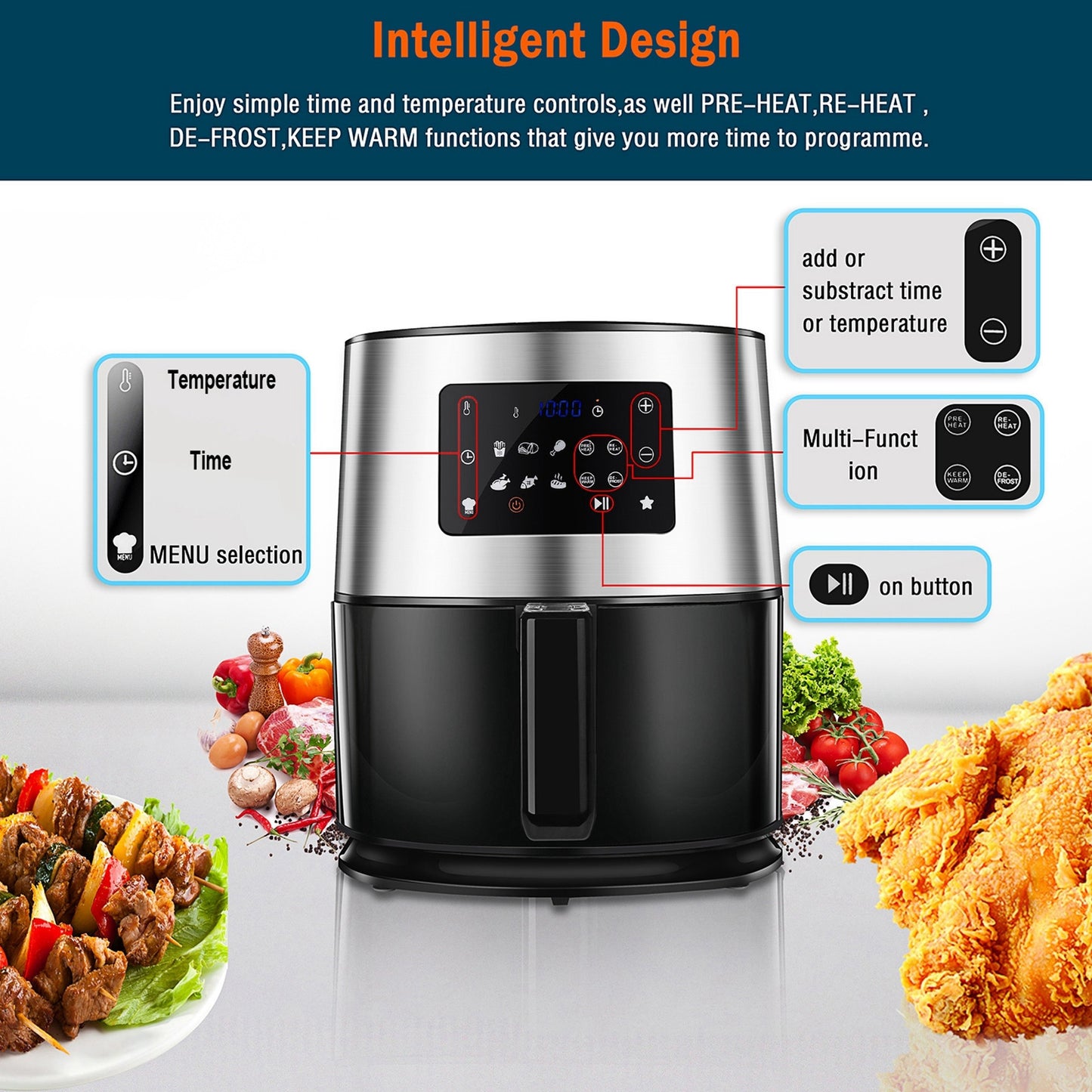 6.3QT 1700W Stainless Steel Air Fryer Oven For Roasting Multi-function Screen