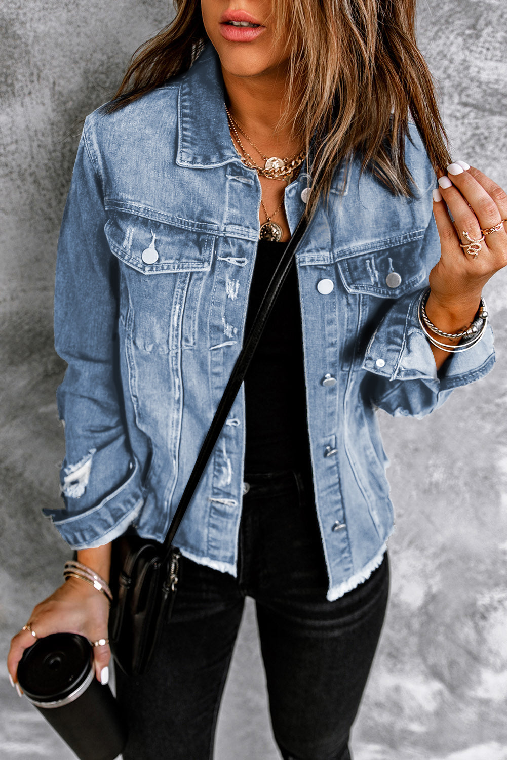 Women's Distressed Raw Hem Denim Jean Jacket