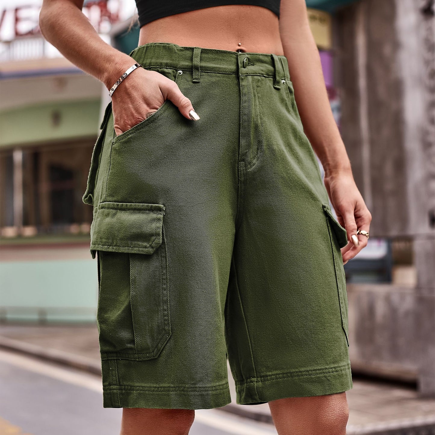 Women's Denim Cargo Shorts with Pockets