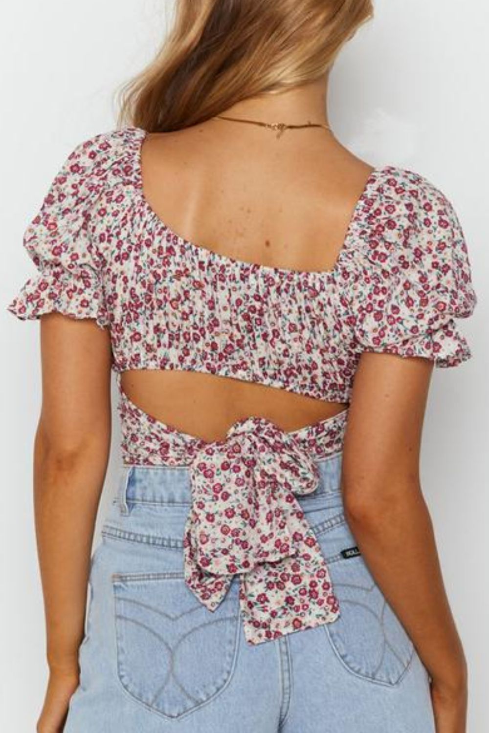 Women's Flower Print Ruffle Trim Off-Shoulder Back Tie Blouse