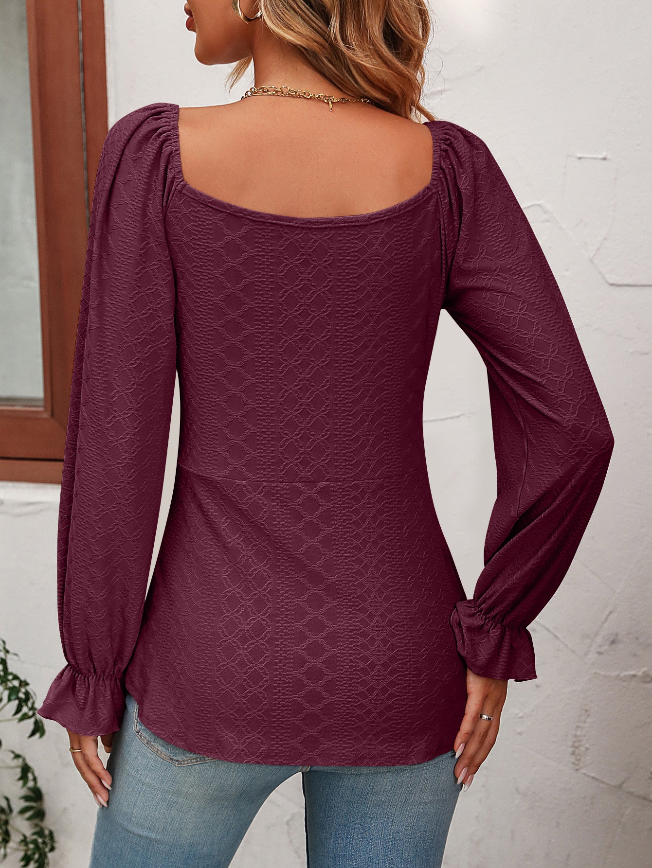 Women's Tie Front V-Neck Puff Sleeve Blouse
