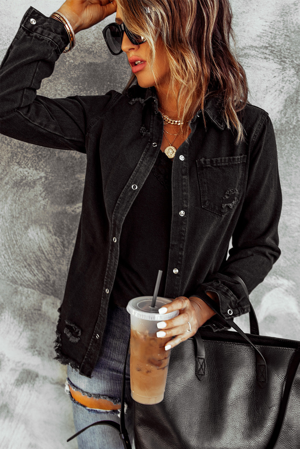 Women's Distressed Snap Down Denim Jacket