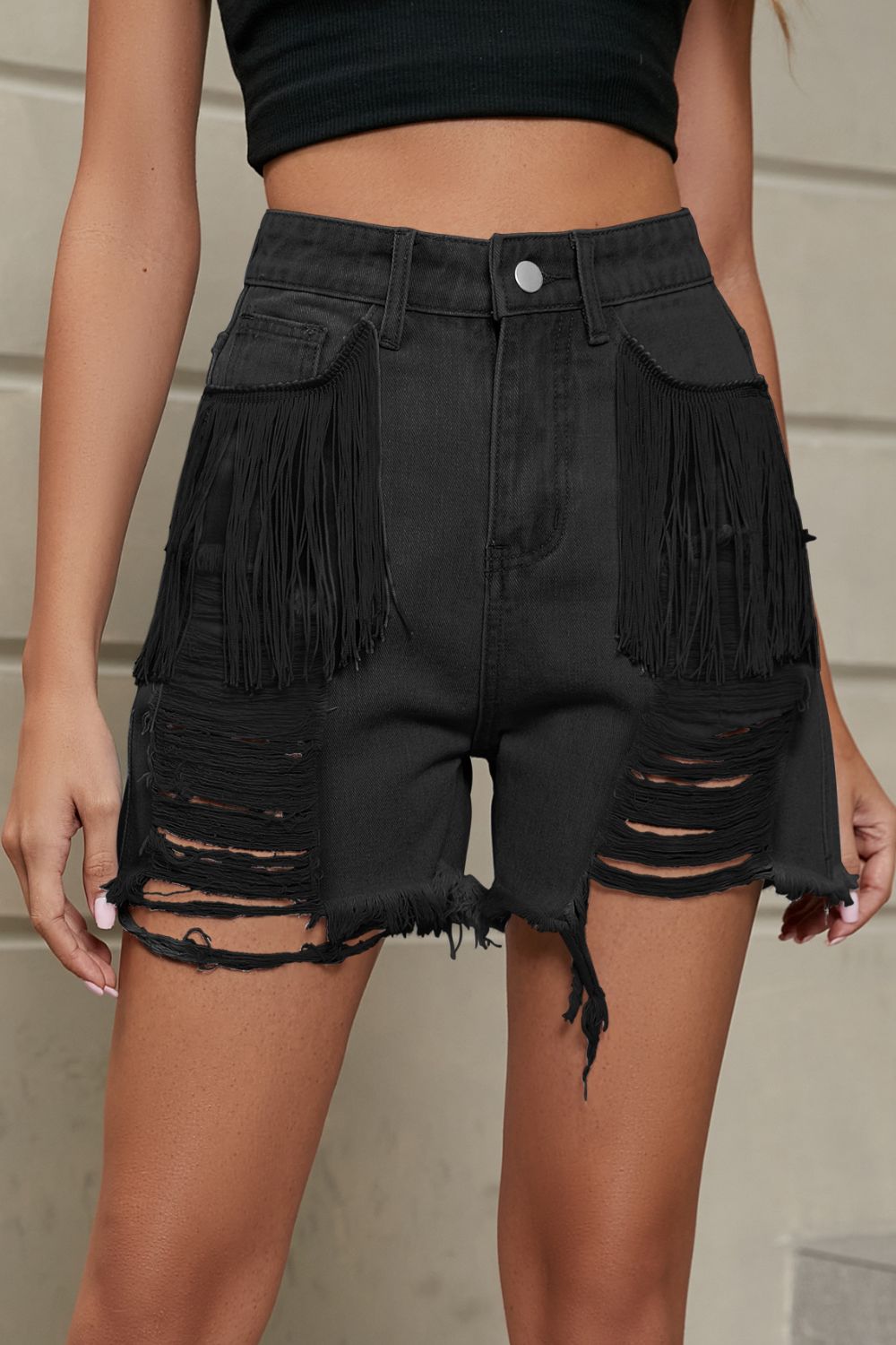 Women's Fringe Trim Distressed Denim Shorts with Pockets