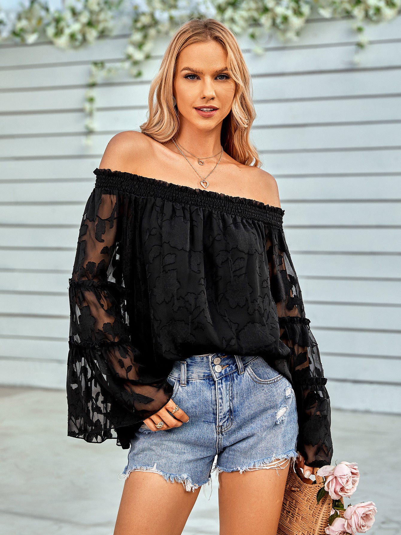 Women's Applique Flounce Sleeve Off-Shoulder Blouse