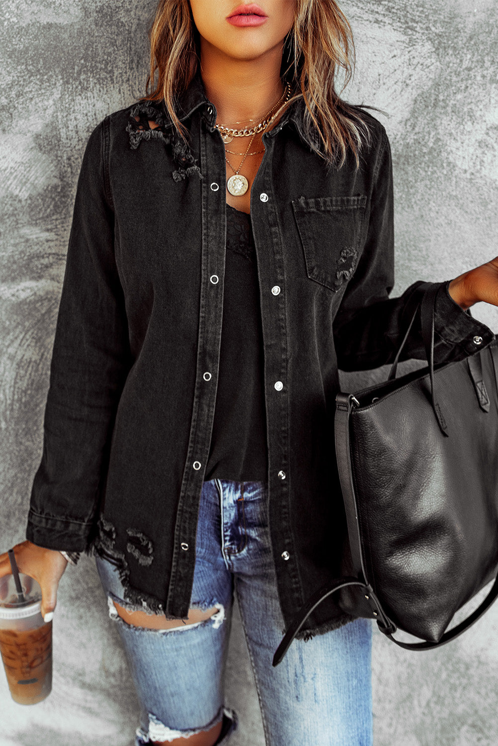 Women's Distressed Snap Down Denim Jacket