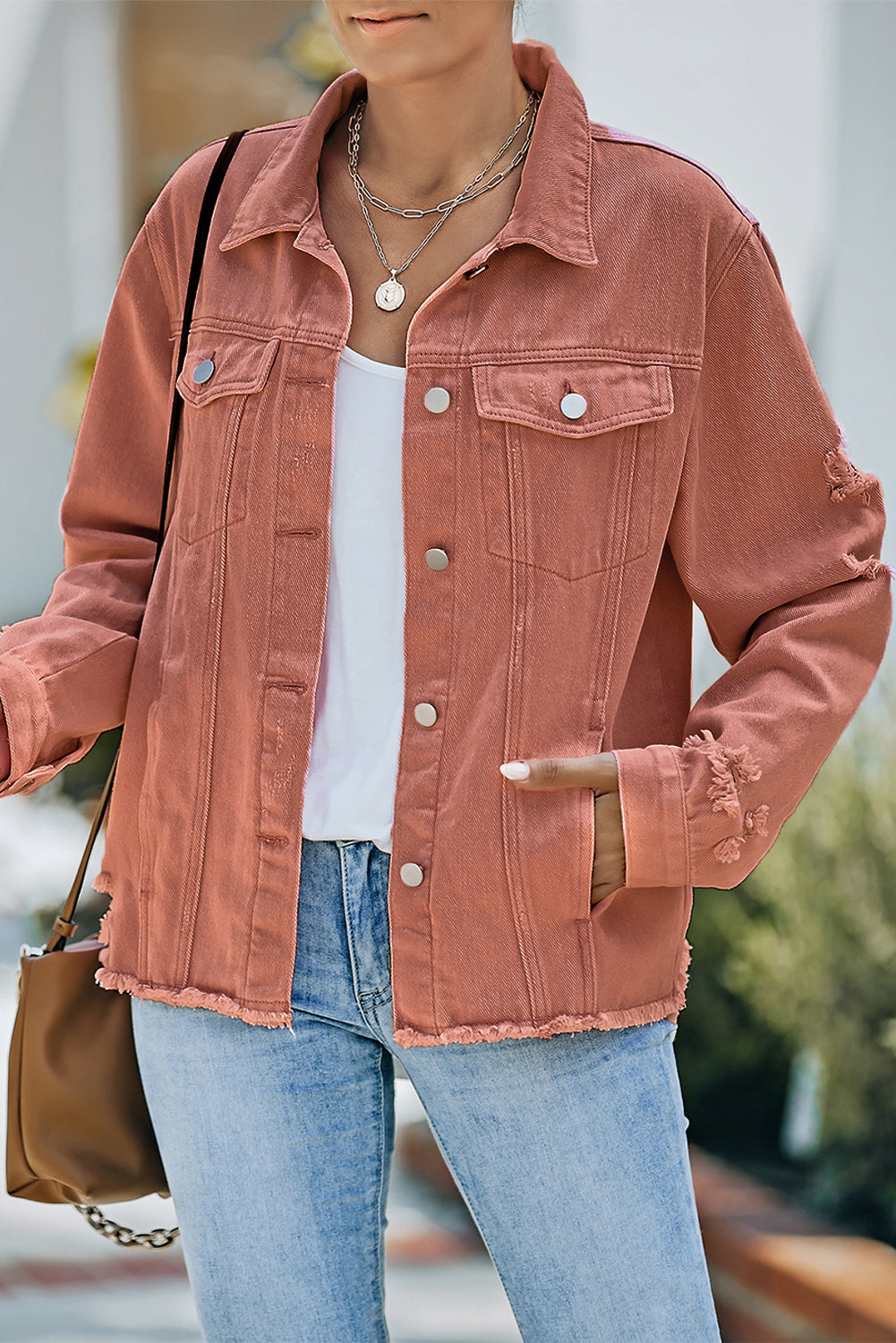 Women's Distressed Raw Hem Denim Jean Jacket