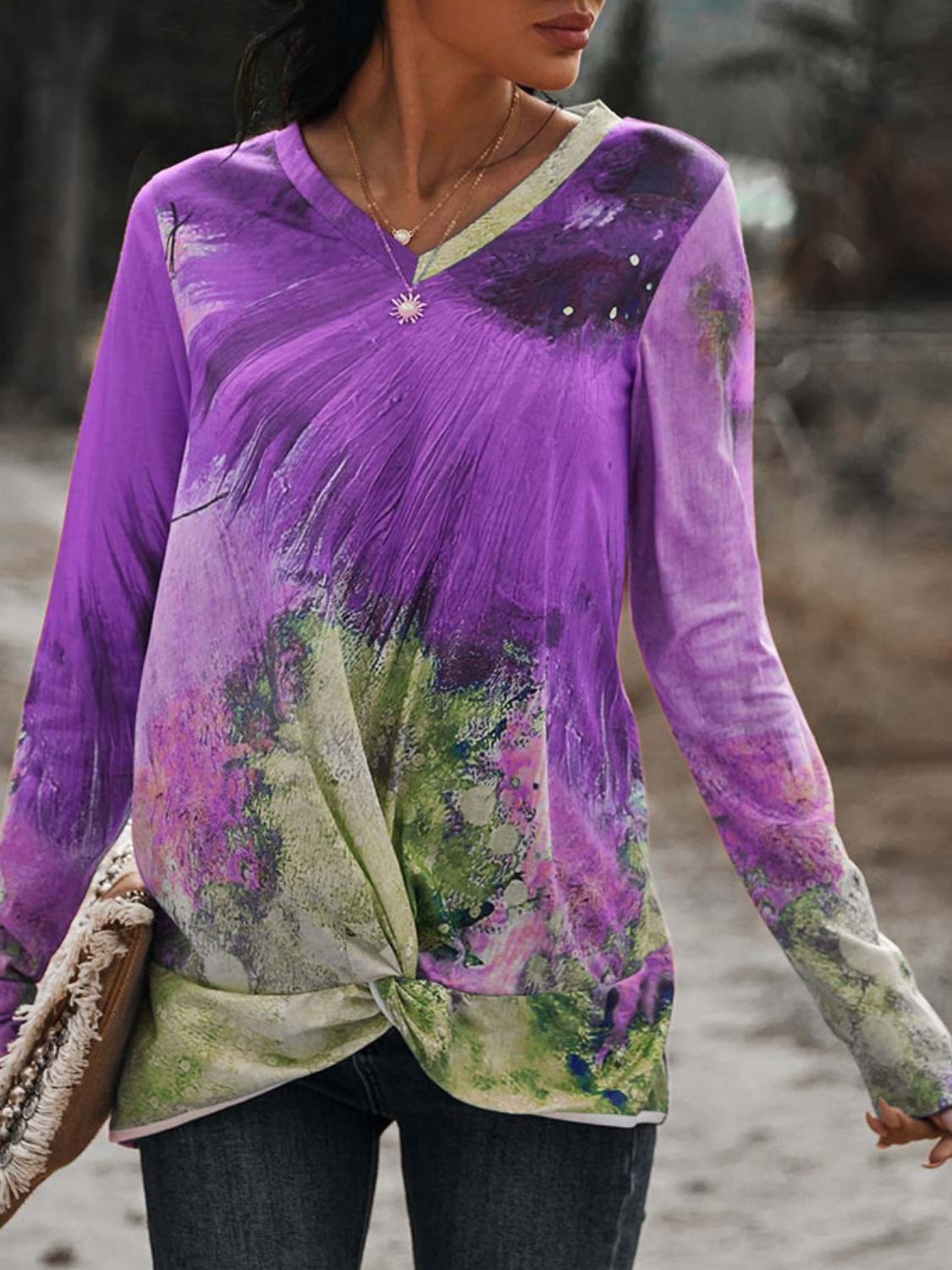 Women's Twisted Multicolor V-Neck Long Sleeve Tee