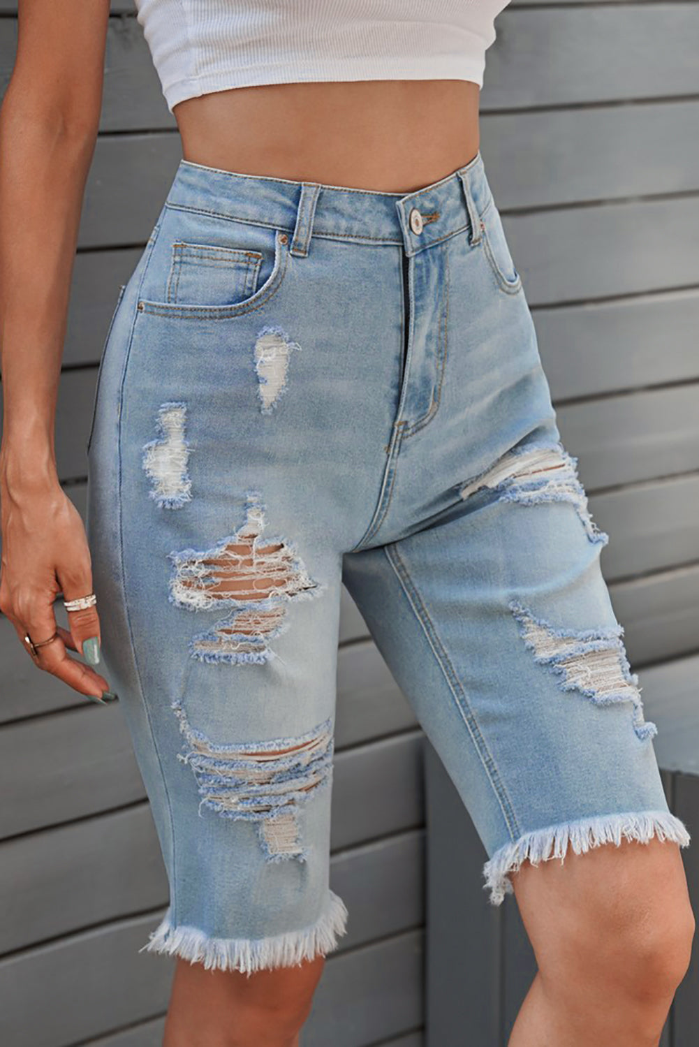 Women's Distressed Raw Hem Denim Bermuda Shorts (XL Sold Out)