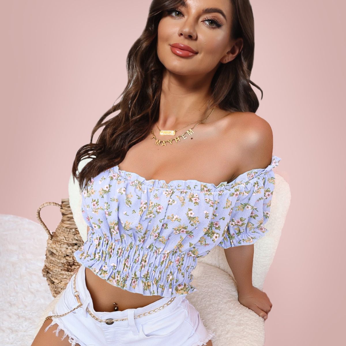 Women's Cropped Off-Shoulder Frill Trim Smocked Blouse