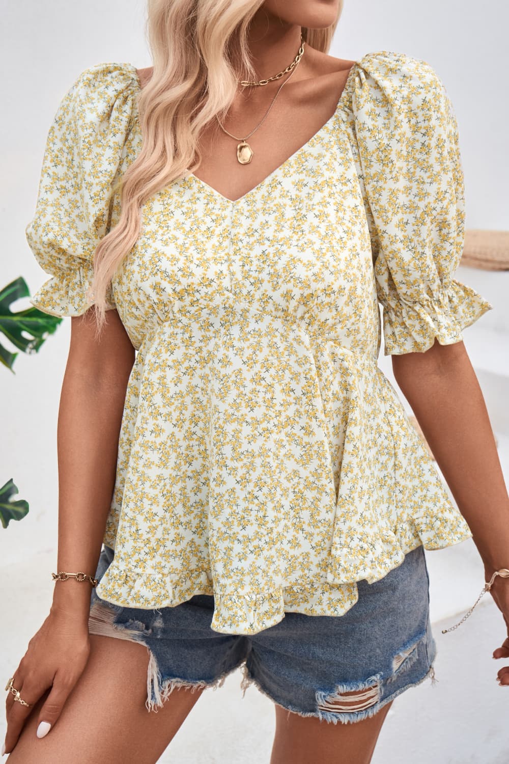 Women's V-Neck Flounce Sleeve Blouse