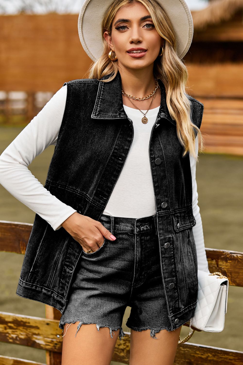 Women's Sleeveless Collared Neck Denim Vest with Pockets
