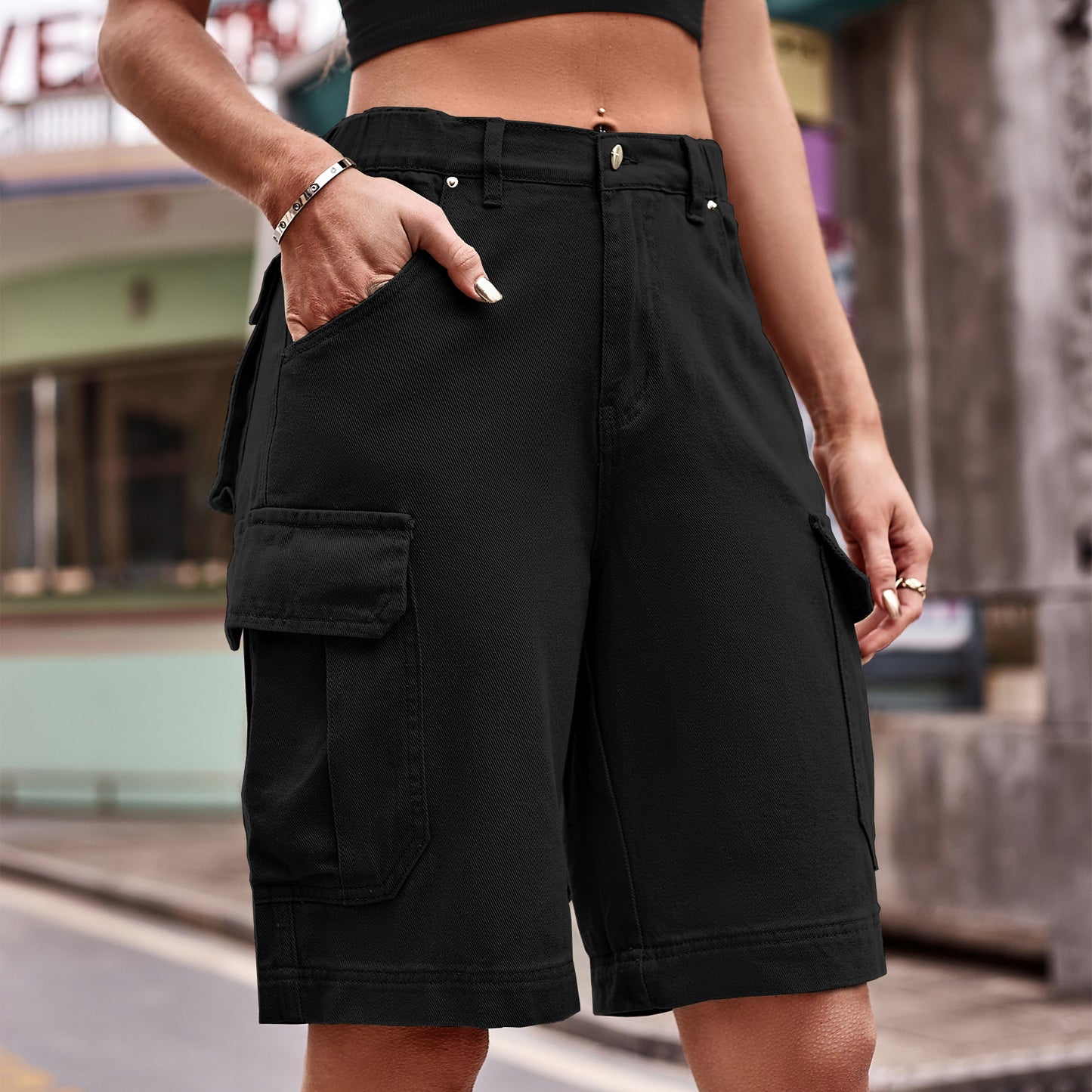 Women's Denim Cargo Shorts with Pockets