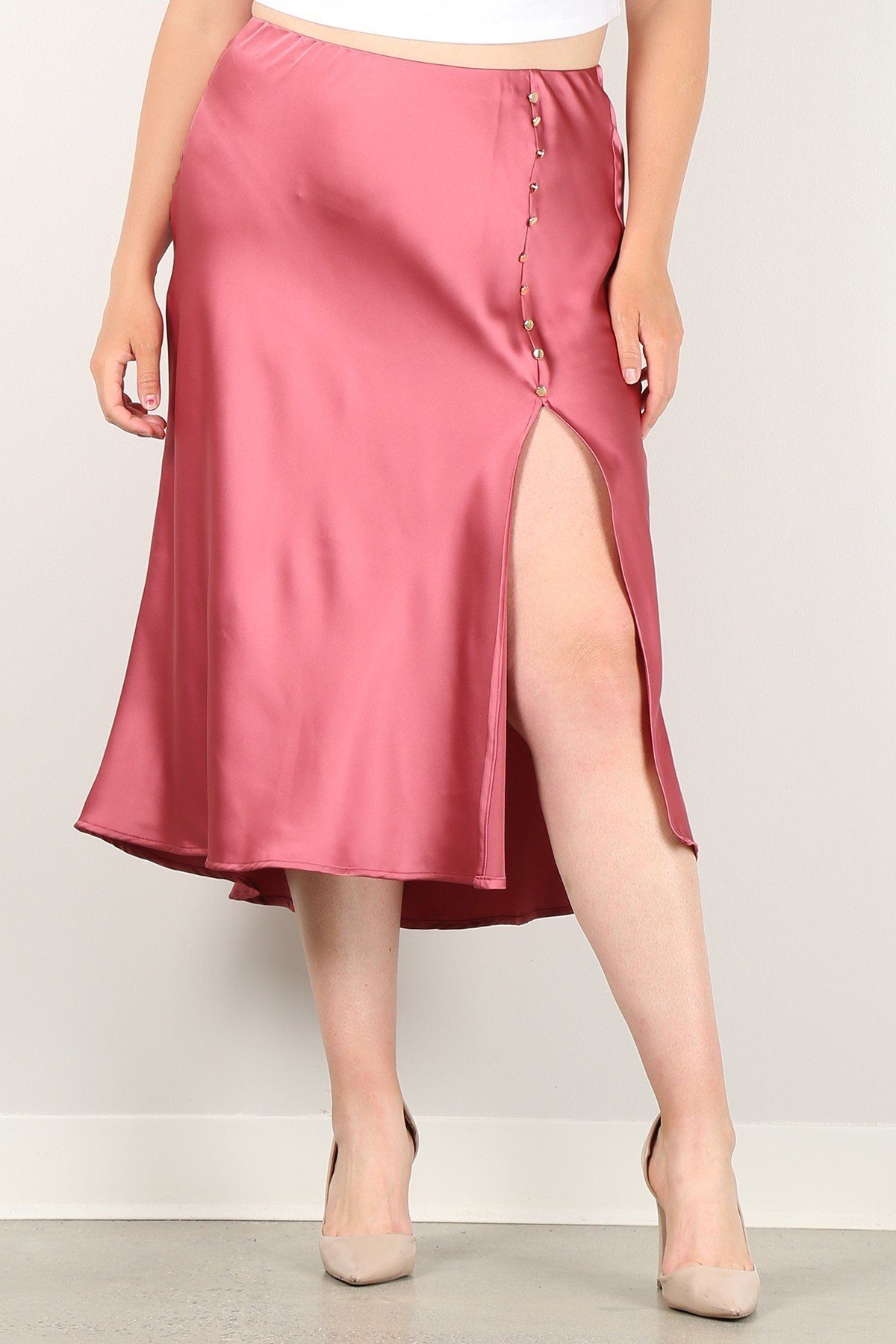 Women's Plus Solid High-waist Skirt With Button Trim And Side Slit