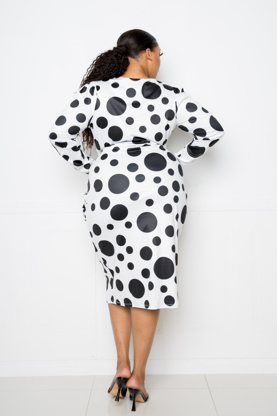 Women's Plus Polka Dot Drop Waist Ruched Midi Dress (3X Only)
