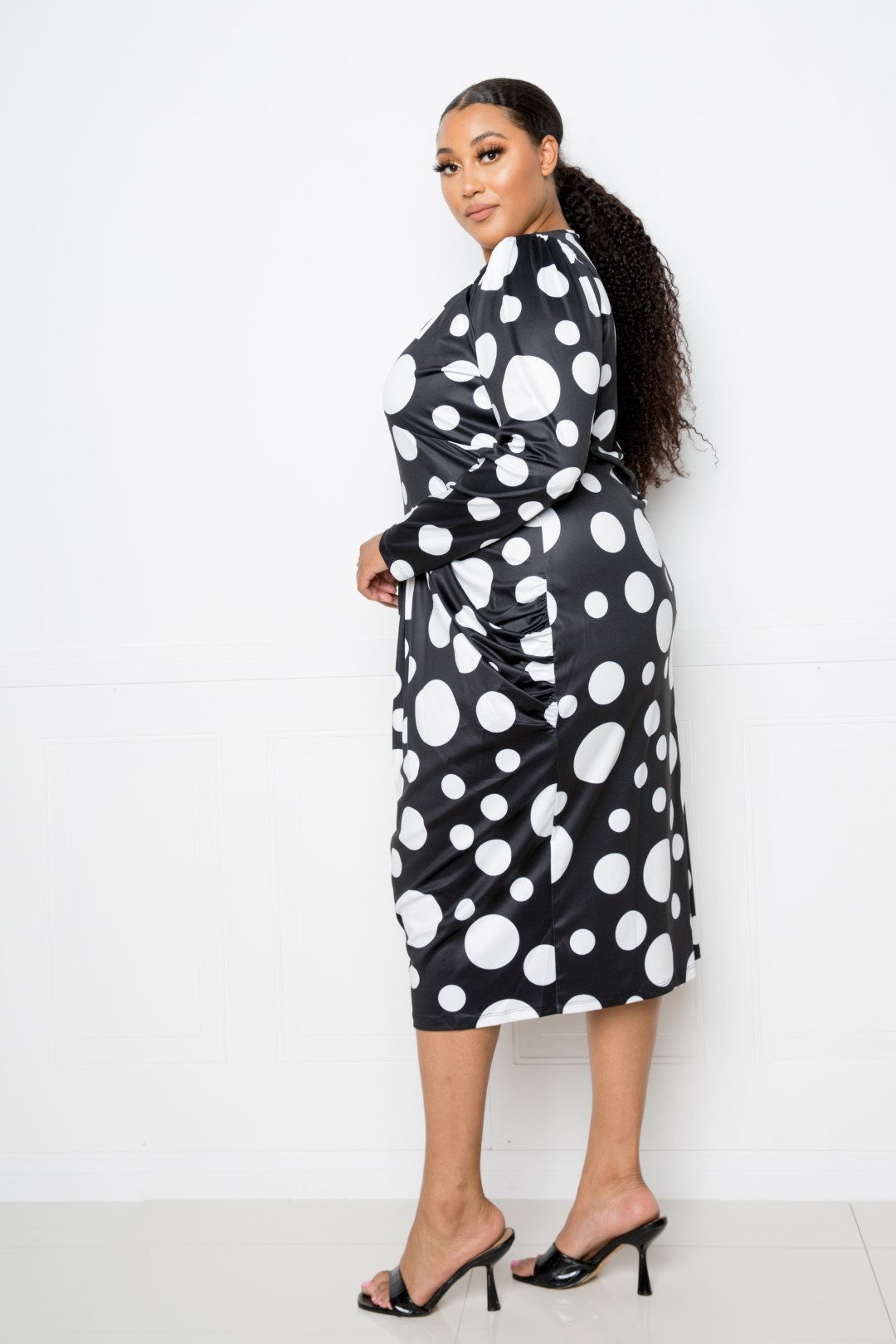 Women's Polka Dot Drop Waist Ruched Midi Dress (3X Only)