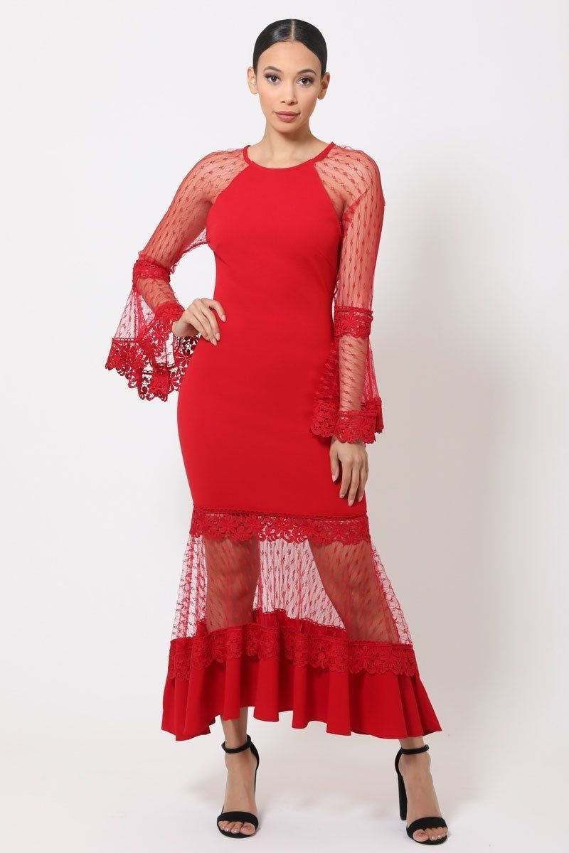 Women's Bell Sleeve Mesh Combined Fashion Long Dress (S Only)