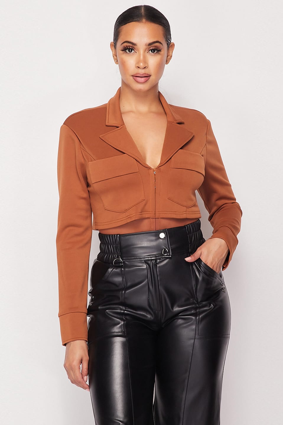 Women's Deep-v Cropped Power Shoulder Blazer Bodysuit