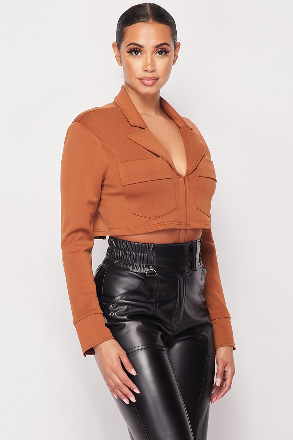 Women's Deep-v Cropped Power Shoulder Blazer Bodysuit