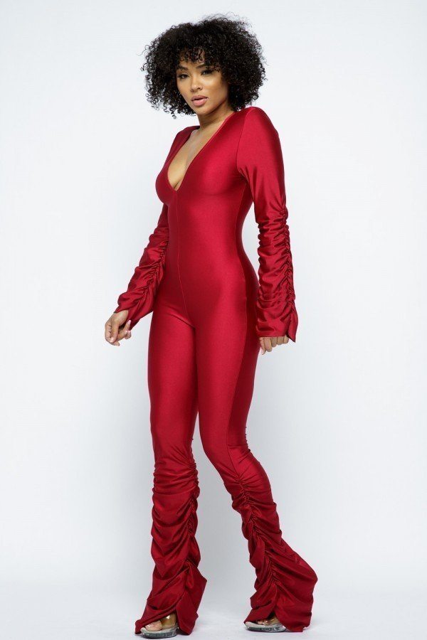 Women's Yoga Shoulder Padded Ruched Stacked Jumpsuit