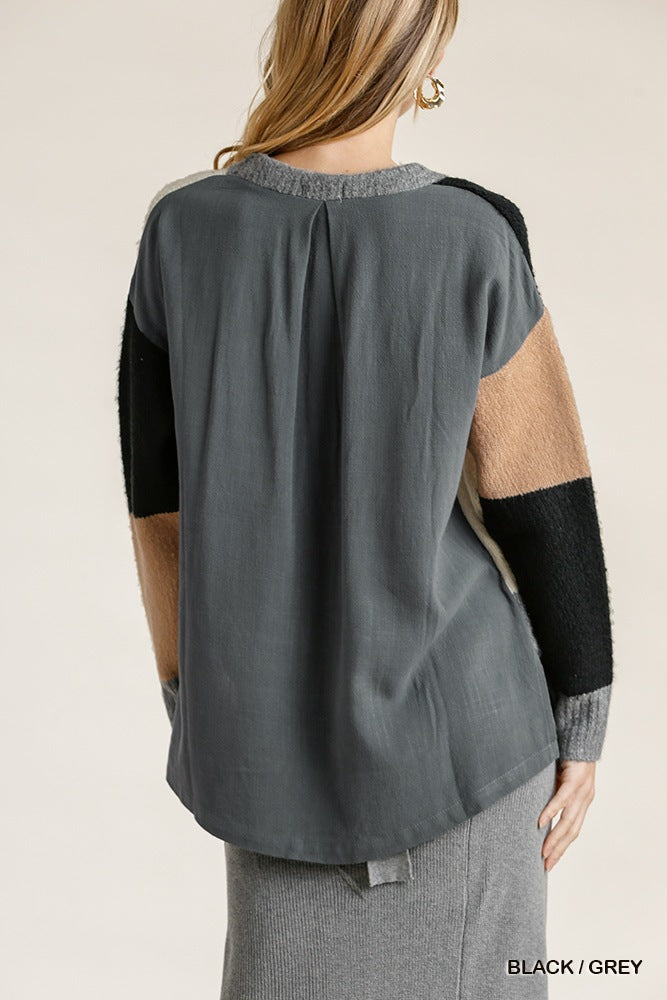 Women's Color Block Contrasted Cotton Fabric On Back Top With Side Slits And High Low HemWomen's