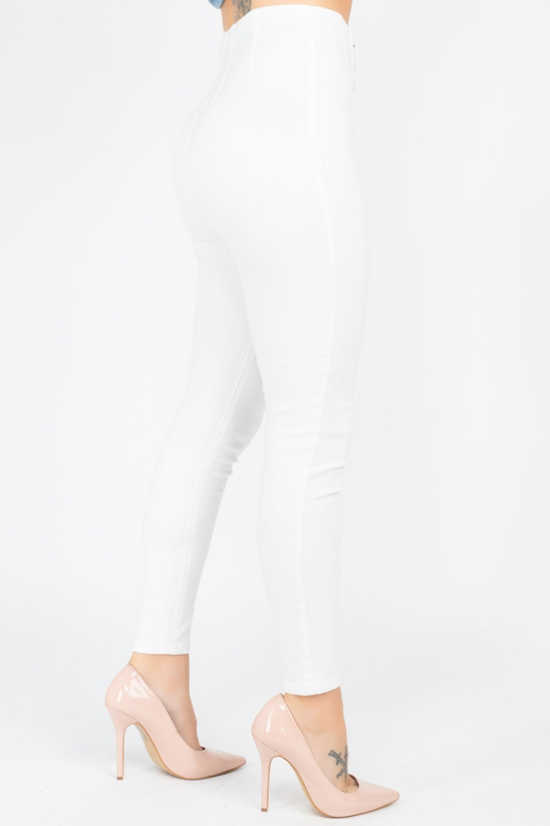 Women's White High Front Zip Waist Skinny Denim Jeans