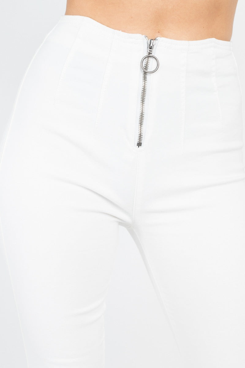 Women's White High Front Zip Waist Skinny Denim Jeans
