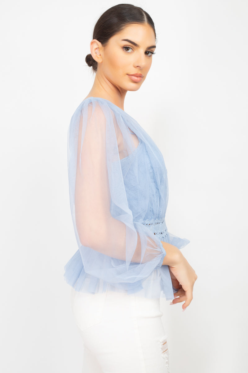 Women's Sheer Mesh Crochet Peplum Top