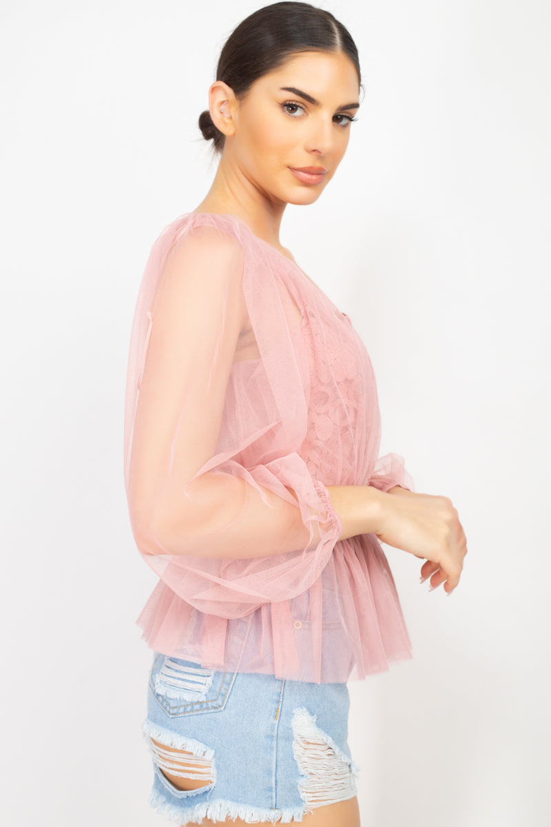 Women's Sheer Mesh Crochet Peplum Top