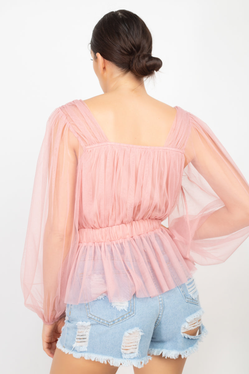 Women's Sheer Mesh Crochet Peplum Top