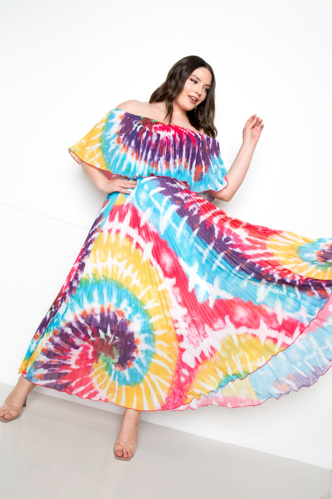Women's Tie Dye Off Shoulder Pleated Maxi Dress